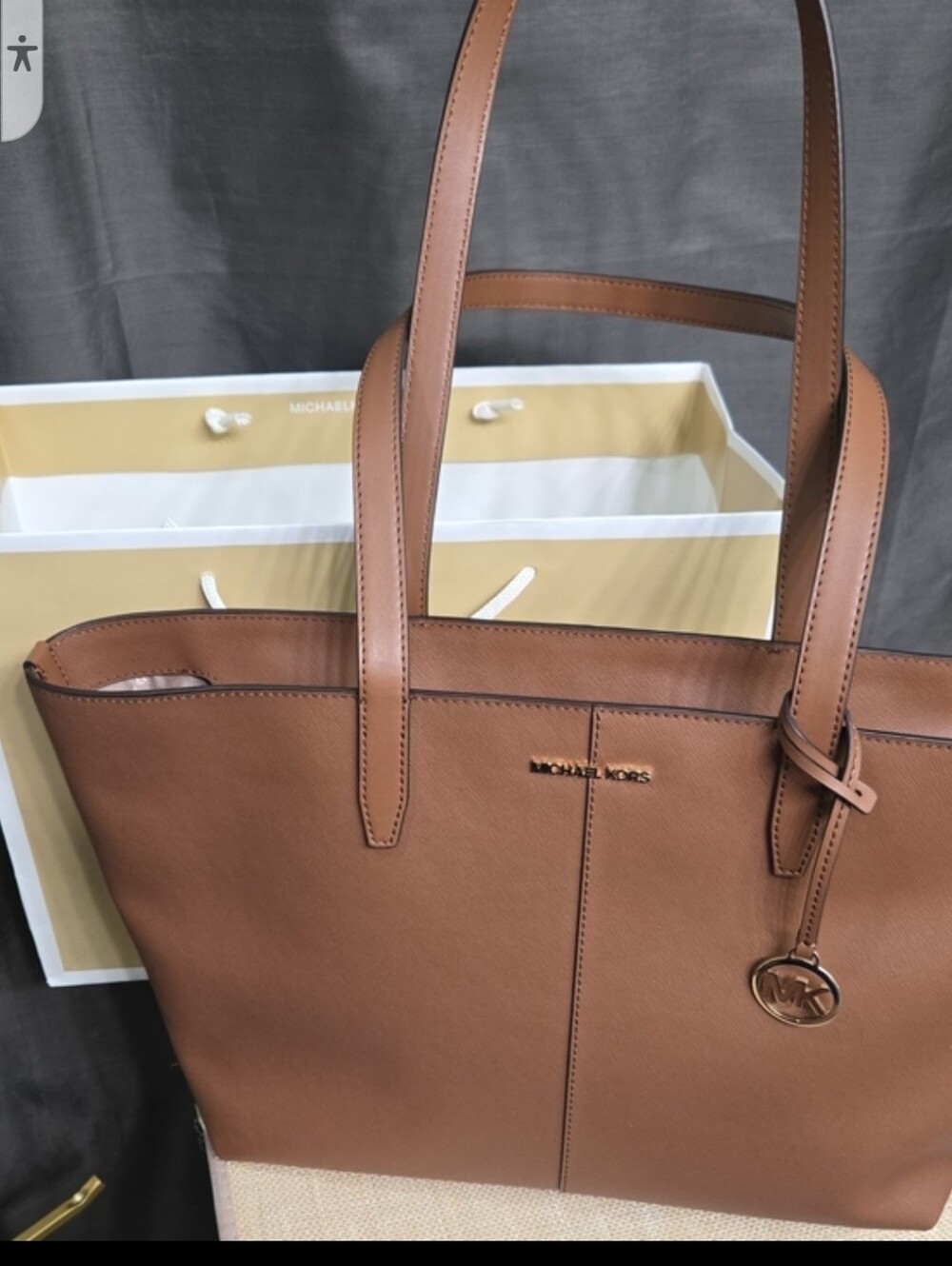 Michael Kors Brown  Leather Medium Zip Top Tote with Gold MK Charm